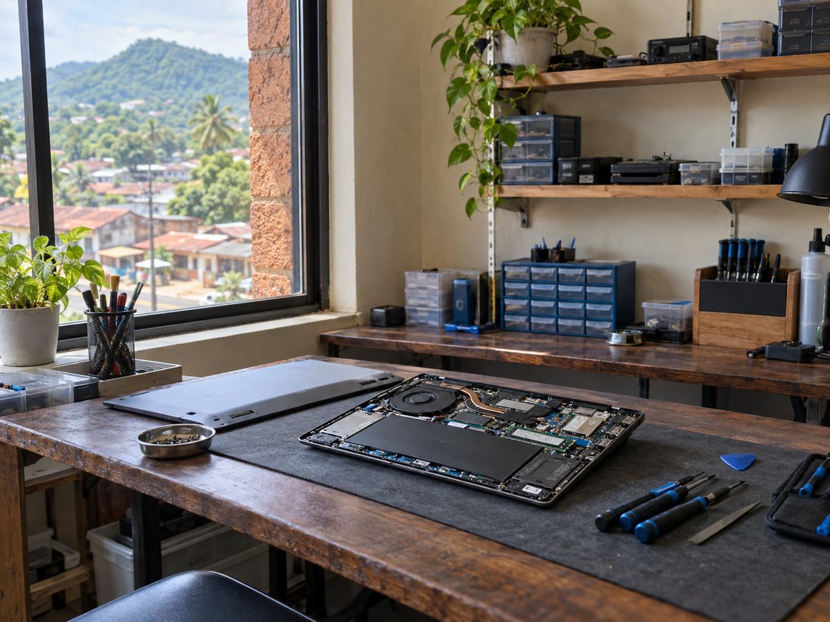 හිස් repair bench එකක open laptop එකක්, බලන්ගොඩ ජනේල එළිය — කිසිවෙක් නැහැ
