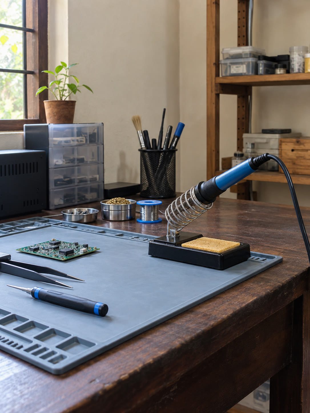 Soldering iron එකක් තියෙන bench එකක් — කිසිවෙක් නැහැ