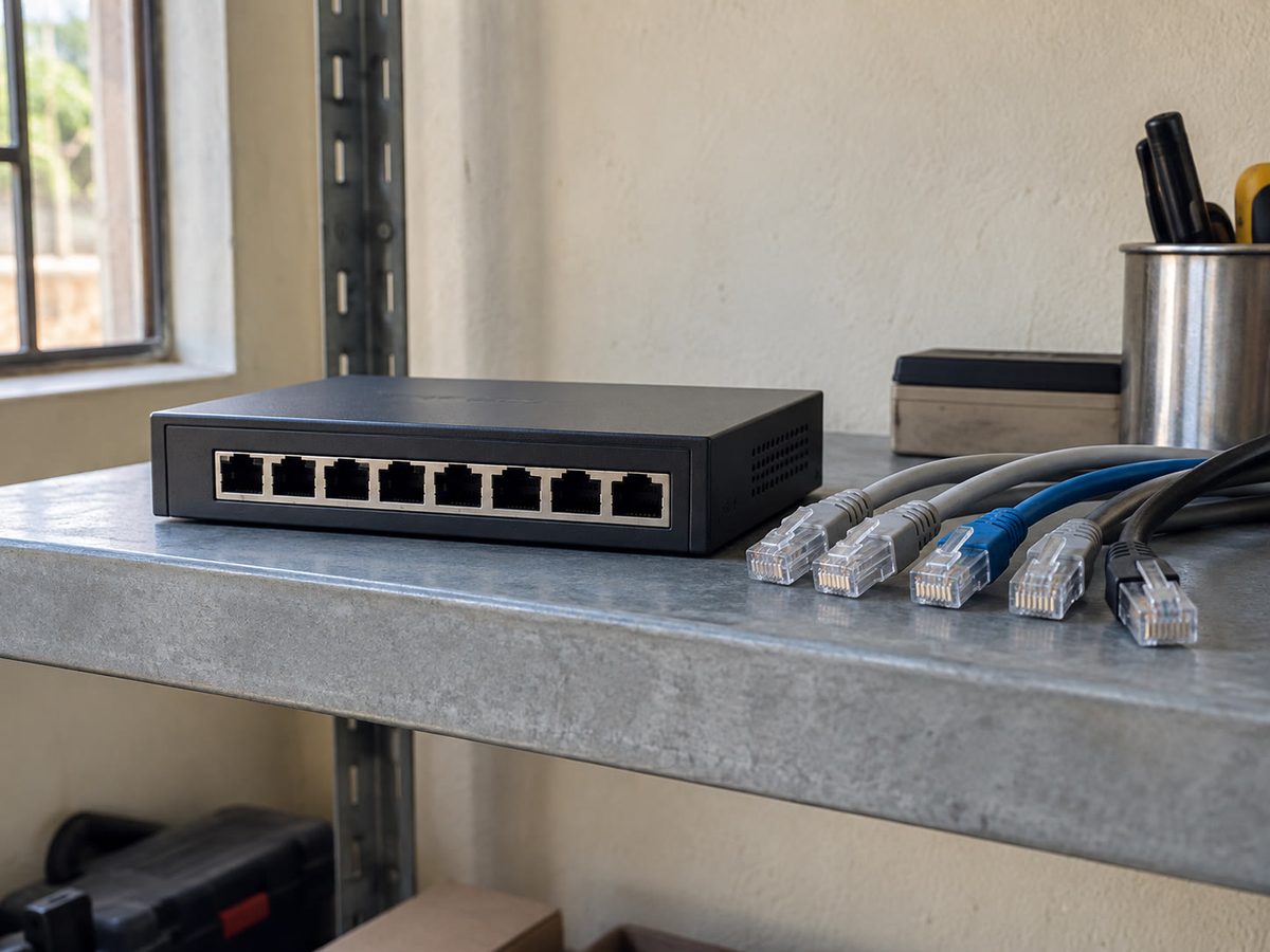 Network cable කොන් සහ කුඩා switch එකක් වානේ රාක්කයක