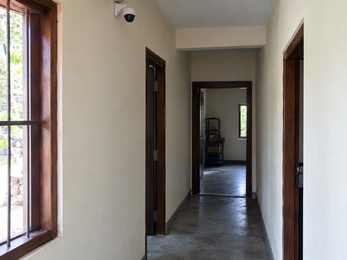 හිස් corridor එකක CCTV camera එකක් — කිසිවෙක් නැහැ